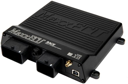 A MaxxECU Race engine control unit with two connectors and a USB port